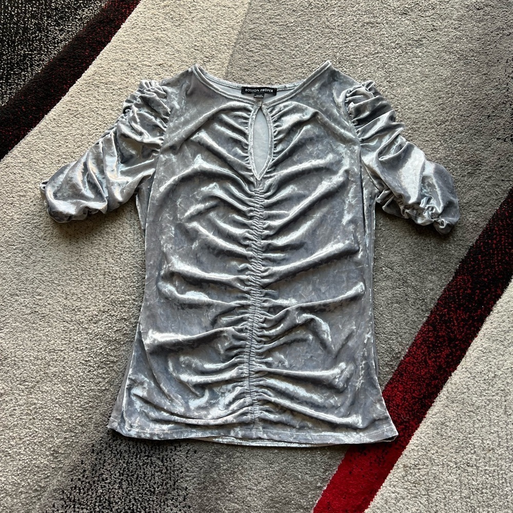 Boston Proper Metallic Silver Ruched Velvet Top